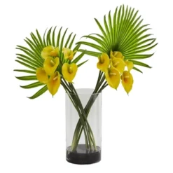 Nearly Natural 27-in Calla Lily And Fan Palm Artificial Arrangement In Cylinder Glass Vase -Artificial Plant Store GUEST 05504097 6fc5 408d 8fd9 fb1f5074068b