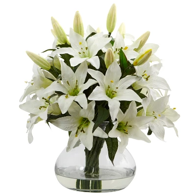 Nearly Natural 16-in Lily Artificial Arrangement With Glass Vase 6 Nearly Natural 16-in Lily Artificial Arrangement With Glass Vase - Image 4