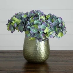 Nearly Natural 11-in Artificial Hydrangea Arrangement In Gold Metal Vase, Blue -Artificial Plant Store GUEST 0bd7067f 9939 40e7 bd59 c90908ba9e5b