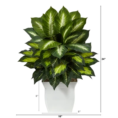 Nearly Natural 2-ft Golden Dieffenbachia Artificial Plant In White Metal Planter 3 Nearly Natural 2-ft Golden Dieffenbachia Artificial Plant In White Metal Planter