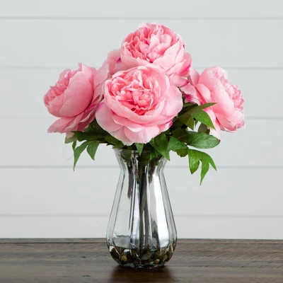 Nearly Natural 16-in Artificial Pink Peony Arrangement In Glass Vase, White 4 Nearly Natural 16-in Artificial Pink Peony Arrangement In Glass Vase, White - Image 2
