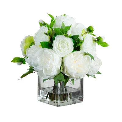 Nearly Natural Wedding Collection 13-in Peony And Camellia Artificial Arrangement In Glass Vase 3 Nearly Natural Wedding Collection 13-in Peony And Camellia Artificial Arrangement In Glass Vase