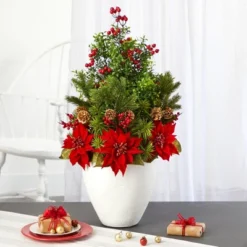 Nearly Natural 32-in Poinsettia, Boxwood And Succulent Artificial Arrangement In White Vase -Artificial Plant Store GUEST 1fa20045 bf67 4e1c 8ef5 598d0e1a1d2d