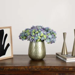 Nearly Natural 11-in Artificial Hydrangea Arrangement In Gold Metal Vase, Blue -Artificial Plant Store GUEST 21ec47fa eb86 4a2d 9576 7b509a3c23fe