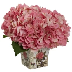 Nearly Natural Hydrangea Artificial Arrangement With Floral Planter, Pink -Artificial Plant Store GUEST 22b2705a 25e4 4c49 b4ef f8bc7aab2fde