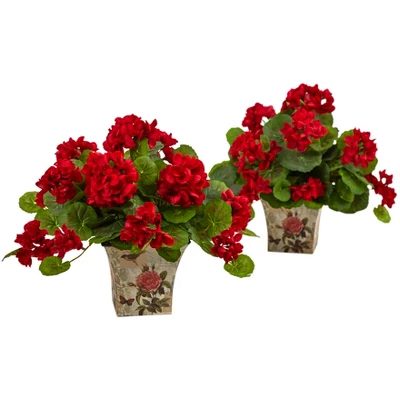 Nearly Natural 11-in Geranium Flowering Artificial Plant With Floral Planter (Set Of 2) 3 Nearly Natural 11-in Geranium Flowering Artificial Plant With Floral Planter (Set Of 2)