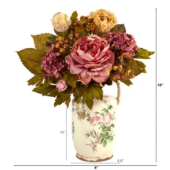 Nearly Natural 18-in Peony Artificial Arrangement In Floral Pitcher