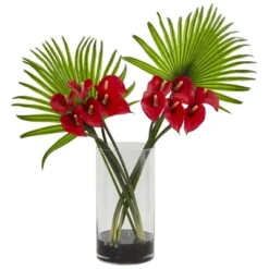 Nearly Natural 27-in Calla Lily And Fan Palm Artificial Arrangement In Cylinder Glass Vase -Artificial Plant Store GUEST 3ab193d1 5291 4755 bff8 a442254ba3f8
