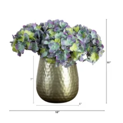 Nearly Natural 11-in Artificial Hydrangea Arrangement In Gold Metal Vase, Blue -Artificial Plant Store GUEST 490477a2 c396 4611 a63b fa779e6acbae