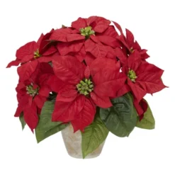 Nearly Natural Poinsettia With Ceramic Vase Artificial Flower Arrangement