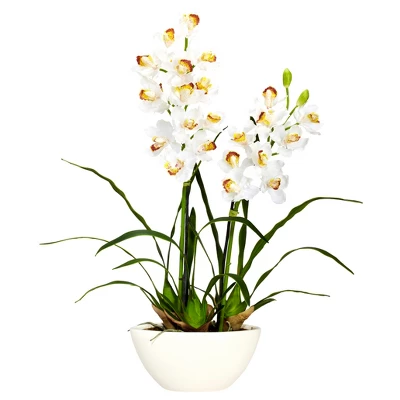 Nearly Natural Cymbidium With White Vase Artificial Flower Arrangement 4 Nearly Natural Cymbidium With White Vase Artificial Flower Arrangement - Image 2