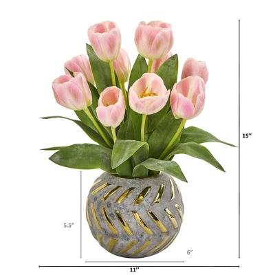 Nearly Natural Tulip Artificial Arrangement In Decorative Vase, White 5 Nearly Natural Tulip Artificial Arrangement In Decorative Vase, White - Image 3