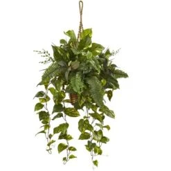 Nearly Natural Mixed Pothos And Boston Artificial Fern In Hanging Basket
