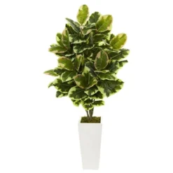 Nearly Natural Variegated Rubber Leaf Artificial Plant In White Tower Vase