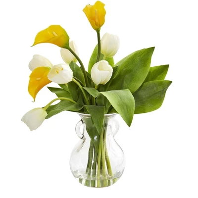 Nearly Natural 19-in Calla Lily & Tulips Artificial Arrangement In Decorative Vase 4 Nearly Natural 19-in Calla Lily & Tulips Artificial Arrangement In Decorative Vase - Image 2