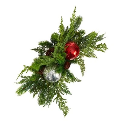 Nearly Natural 18-in Holiday Winter Cedar Pine Artificial Table Christmas Arrangement With Ornaments, Home Décor 5 Nearly Natural 18-in Holiday Winter Cedar Pine Artificial Table Christmas Arrangement With Ornaments, Home Décor - Image 3