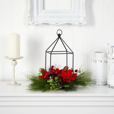 Nearly Natural 14-in Christmas Poinsettia, Berry And Pinecone Metal Candle Holder Christmas Artificial Table Arrangement 4 Nearly Natural 14-in Christmas Poinsettia, Berry And Pinecone Metal Candle Holder Christmas Artificial Table Arrangement - Image 2