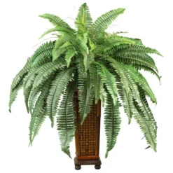 Nearly Natural Boston Fern With Wood Vase Artificial Plant
