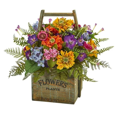 Nearly Natural 15-in Mixed Floral Artificial Arrangement In Wood Basket 3 Nearly Natural 15-in Mixed Floral Artificial Arrangement In Wood Basket