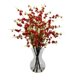 Nearly Natural Cherry Blossoms With Vase Arrangement, Red