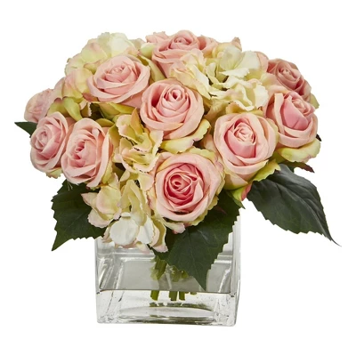 Nearly Natural 9-in Rose And Hydrangea Bouquet Artificial Arrangement In Vase 3 Nearly Natural 9-in Rose And Hydrangea Bouquet Artificial Arrangement In Vase
