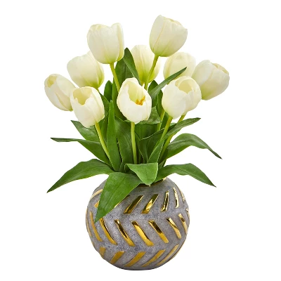 Nearly Natural Tulip Artificial Arrangement In Decorative Vase, White 10 Nearly Natural Tulip Artificial Arrangement In Decorative Vase, White - Image 8