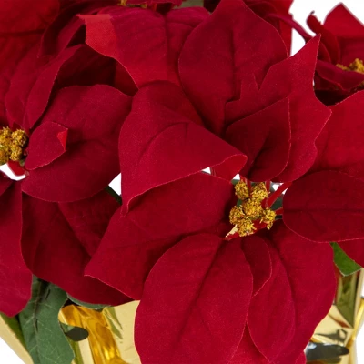 Northlight 16" Red Artificial Christmas Poinsettia Arrangement With Gold Wrapped Pot 5 Northlight 16" Red Artificial Christmas Poinsettia Arrangement With Gold Wrapped Pot - Image 3