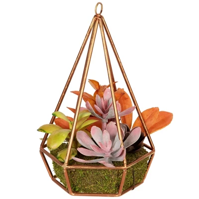 Northlight 9" Succulent Artificial Arrangement In Copper Wire Terrarium - Green/Brown 4 Northlight 9" Succulent Artificial Arrangement In Copper Wire Terrarium - Green/Brown - Image 2
