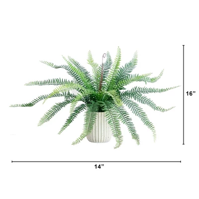 Nearly Natural 16-in Artificial Boston Fern Plant In Decorative Cement Planter 3 Nearly Natural 16-in Artificial Boston Fern Plant In Decorative Cement Planter
