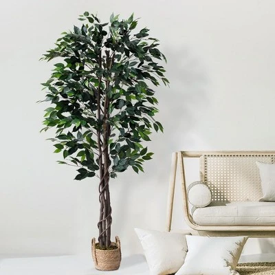 Forever Leaf 72" Artificial Ficus Silk Tree In Wicker Basket, Indoor Artificial Plant For Home Decor 3 Forever Leaf 72" Artificial Ficus Silk Tree In Wicker Basket, Indoor Artificial Plant For Home Decor