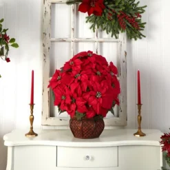 Nearly Natural Poinsettia With Decorative Planter Artificial Arrangement