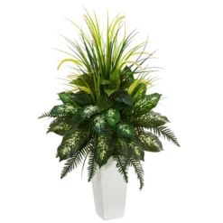 Nearly Natural Mixed River Fern And Dog Tail Artificial Plant In White Tower Planter