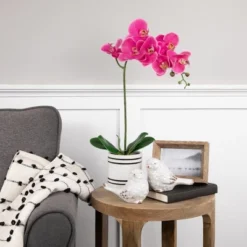 Northlight Real Touch™ Pink Artificial Spring Orchids In A Striped Ceramic Pot 2"