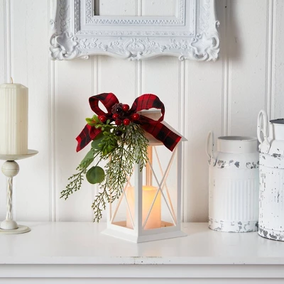 Nearly Natural 12-in Holiday White Lantern With Berries, Pine And Plaid Bow Artificial Christmas Table Arrangement With LED Candle Included 4 Nearly Natural 12-in Holiday White Lantern With Berries, Pine And Plaid Bow Artificial Christmas Table Arrangement With LED Candle Included - Image 2