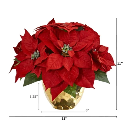 Nearly Natural 11-in Poinsettia Artificial Arrangement In Golden Vase 3 Nearly Natural 11-in Poinsettia Artificial Arrangement In Golden Vase