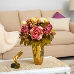Nearly Natural 19-in Peony Artificial Arrangement In Gold Vase -Artificial Plant Store GUEST a8cd2837 e288 4264 9d78 a426e40edef5