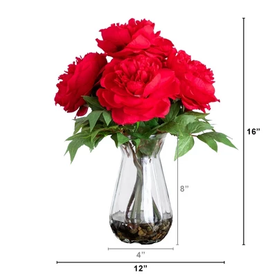 Nearly Natural 16-in Artificial Pink Peony Arrangement In Glass Vase, White 11 Nearly Natural 16-in Artificial Pink Peony Arrangement In Glass Vase, White - Image 9