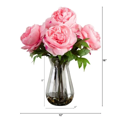 Nearly Natural 16-in Artificial Pink Peony Arrangement In Glass Vase, White 8 Nearly Natural 16-in Artificial Pink Peony Arrangement In Glass Vase, White - Image 6