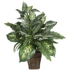 Nearly Natural Mixed Greens Zebra With Wicker Artificial Plant