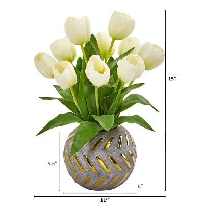Nearly Natural Tulip Artificial Arrangement In Decorative Vase, White 3 Nearly Natural Tulip Artificial Arrangement In Decorative Vase, White
