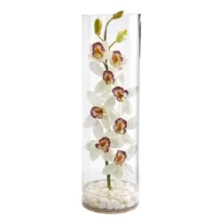 Nearly Natural 20-in Cymbidium Orchid Artificial Arrangement In Tall Cylinder Vase