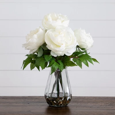 Nearly Natural 16-in Artificial Pink Peony Arrangement In Glass Vase, White 14 Nearly Natural 16-in Artificial Pink Peony Arrangement In Glass Vase, White - Image 12