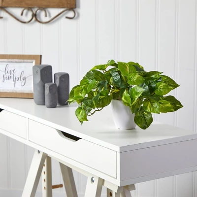 Nearly Natural 9-in Pothos Artificial Plant In White Planter (Real Touch) 4 Nearly Natural 9-in Pothos Artificial Plant In White Planter (Real Touch) - Image 2