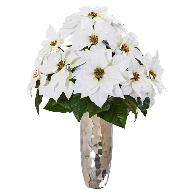 Nearly Natural Poinsettia Artificial Arrangement In Silver Cylinder Vase 4 Nearly Natural Poinsettia Artificial Arrangement In Silver Cylinder Vase - Image 2