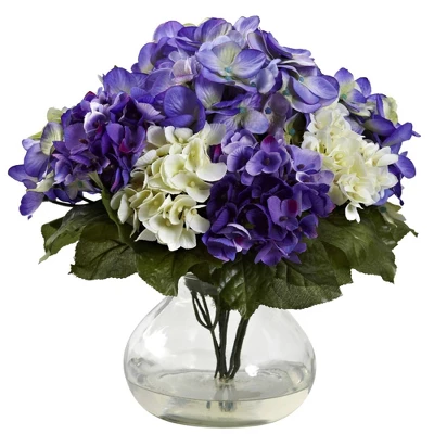 Nearly Natural Multi-Tone Beauty Hydrangea With Round Glass Vase, Beauty 3 Nearly Natural Multi-Tone Beauty Hydrangea With Round Glass Vase, Beauty