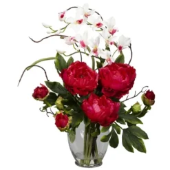 Nearly Natural Peony & Orchid Artificial Flower Arrangement, Red