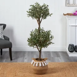 Nearly Natural 4.5-ft Artificial Olive Double Topiary Tree With Handmade Jute & Cotton Basket With Tassels -Artificial Plant Store GUEST dfd8f7c6 36e8 46b9 bf7d a3b3431a753f