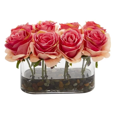 Nearly Natural 5.5-in Blooming Roses In Glass Vase Artificial Arrangement 3 Nearly Natural 5.5-in Blooming Roses In Glass Vase Artificial Arrangement