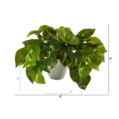 Nearly Natural 9-in Pothos Artificial Plant In White Planter (Real Touch) 3 Nearly Natural 9-in Pothos Artificial Plant In White Planter (Real Touch)