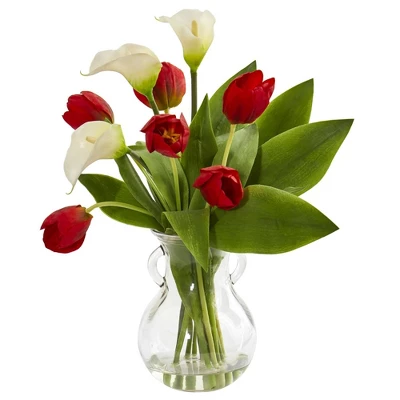 Nearly Natural 19-in Calla Lily & Tulips Artificial Arrangement In Decorative Vase 5 Nearly Natural 19-in Calla Lily & Tulips Artificial Arrangement In Decorative Vase - Image 3